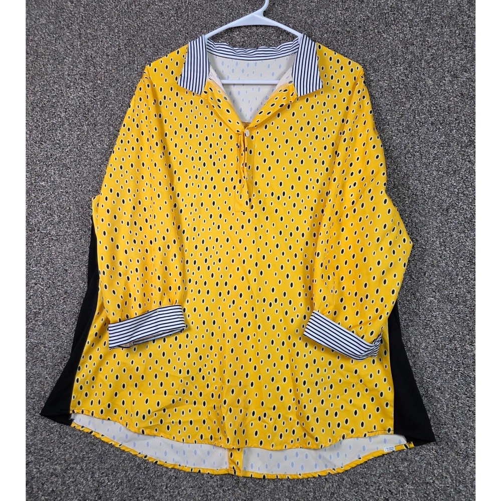 Unbranded Dot Print Tunic Blouse Womens Large Yellow Striped Trim Button‎ Back
